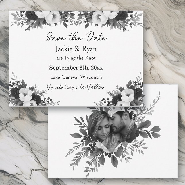 Faire-part de mariage botanique noir et blanc (Créateur téléchargé)