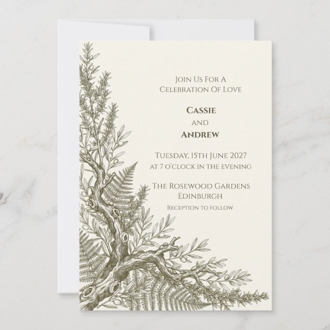 Faire-part de mariage botanique Olive Tree Fern (Devant)