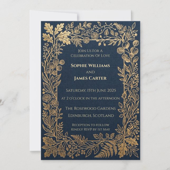 Faire-Part de Mariage Botanique Or et Marine (Devant)