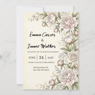 Faire-part de mariage botanique Pivoine rose