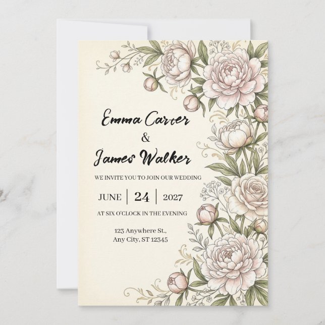 Faire-part de mariage botanique Pivoine rose (Devant)