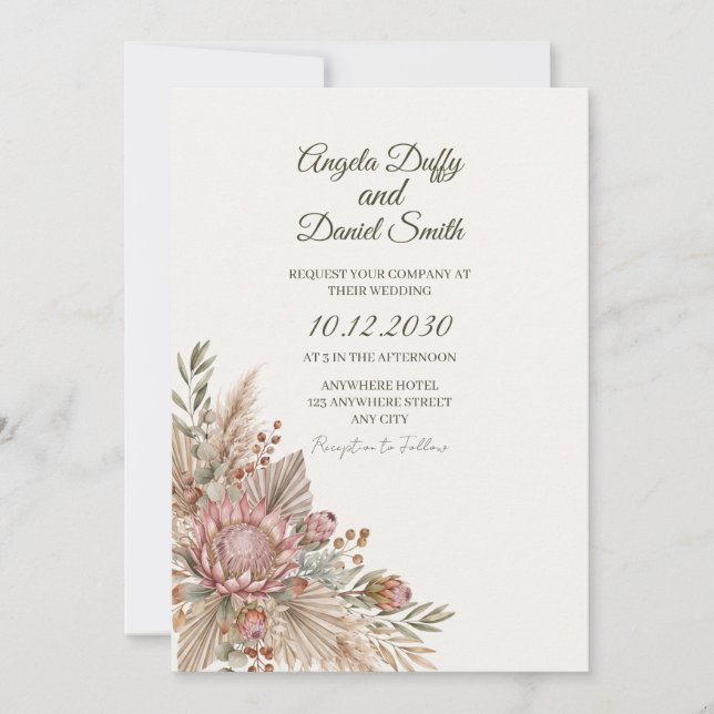 Faire-part de mariage botanique protéa boho (Devant)
