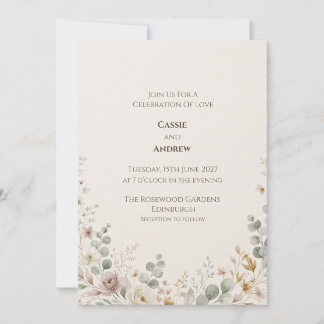 Faire-part de mariage botanique rose tendre (Devant)