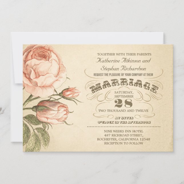 faire-part de mariage botanique rose vintage (Devant)