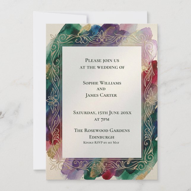 Faire-part de mariage botanique sarcelle et or (Devant)