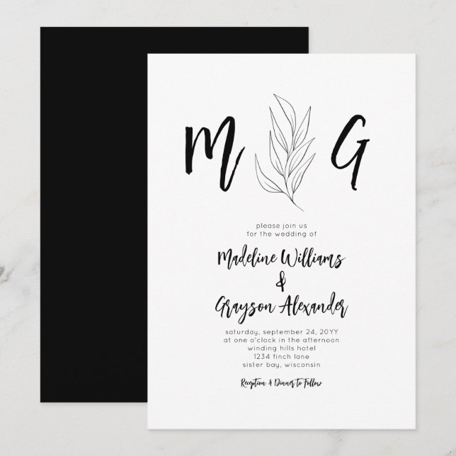 Faire-part de mariage botanique simple monogramme  (Devant / Derrière)