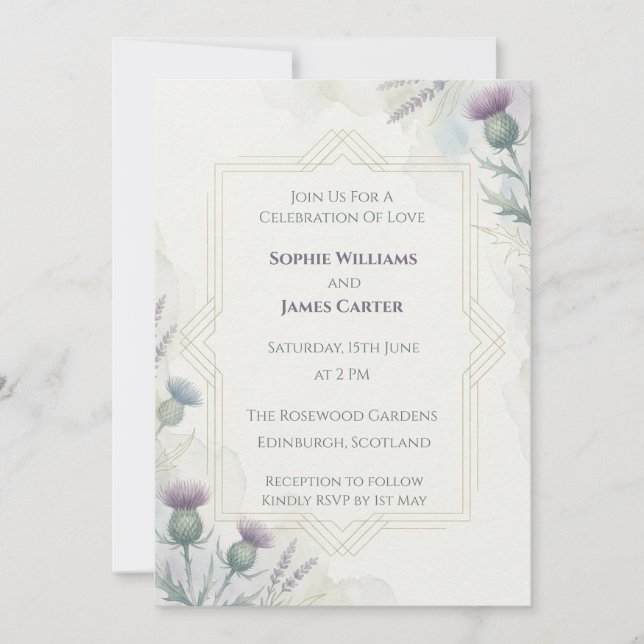 Faire-part de mariage botanique Thistle pourpre (Devant)