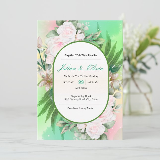 Faire-part de mariage botanique vert menthe et ros (Debout devant)