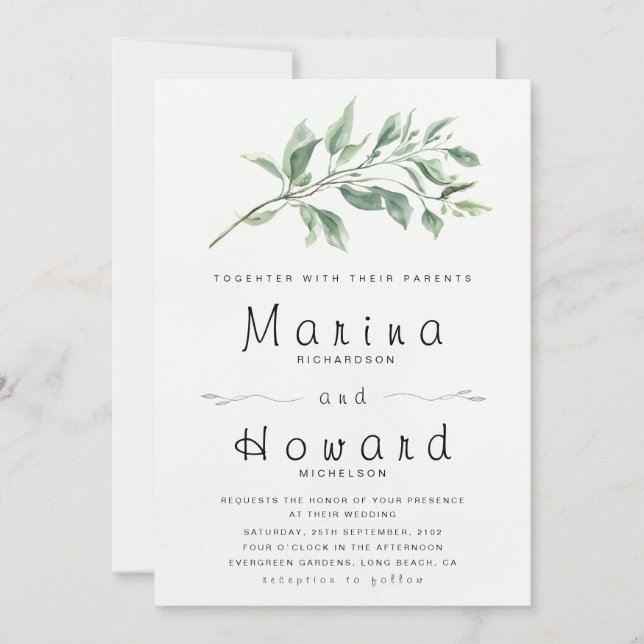 Faire-part de mariage botanique vert sauge modifia (Devant)