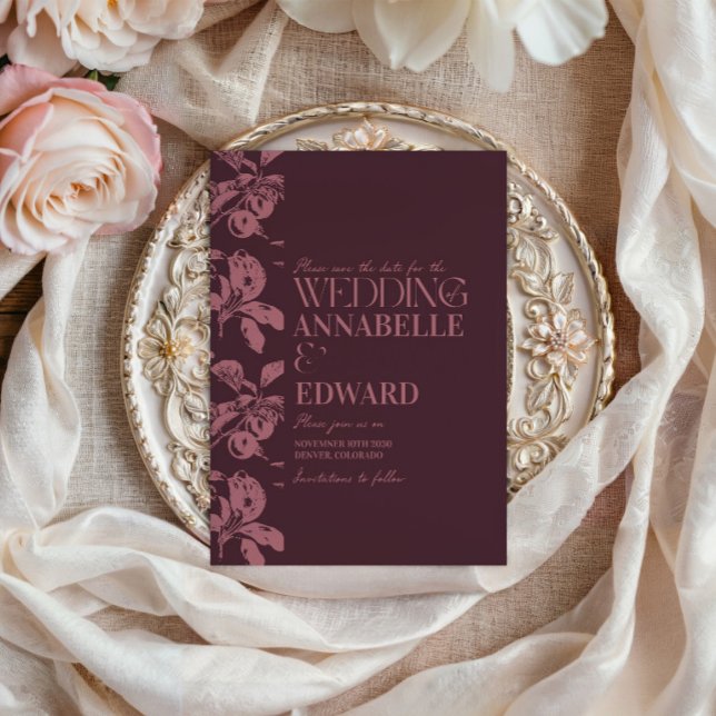 Faire-part de mariage botanique vintage bordeaux (Créateur téléchargé)
