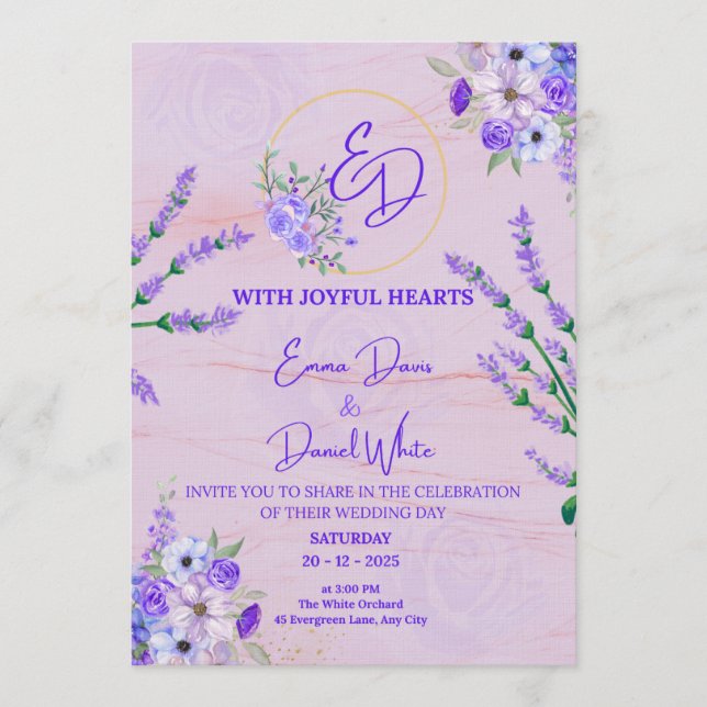 Faire-part de mariage botanique violet élégant (Devant)