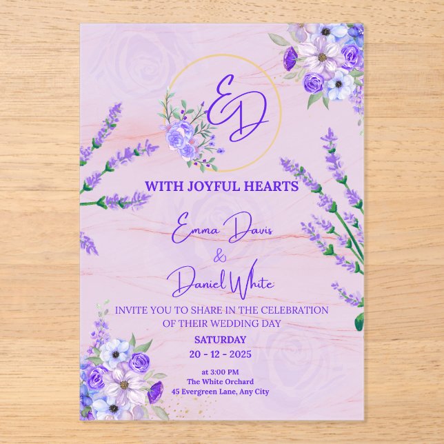 Faire-part de mariage botanique violet élégant (Recto)