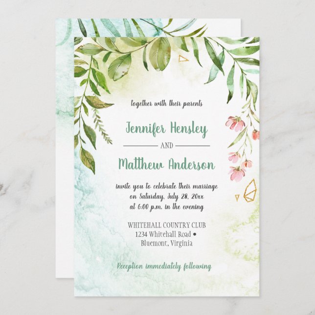 Faire-part de mariage Botaniques Pink Green Gold (Devant / Derrière)