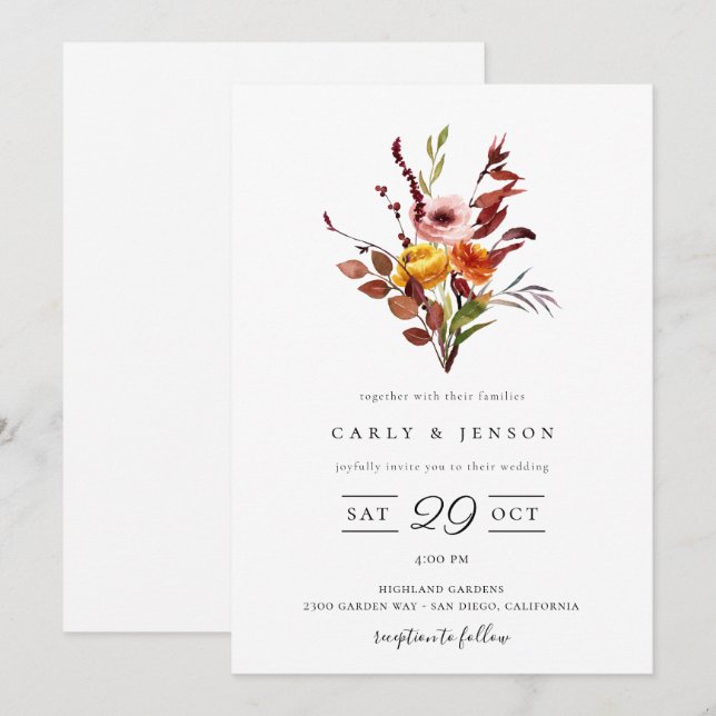 Faire-part de mariage bouquet aquarelle automnale  (Devant / Derrière)