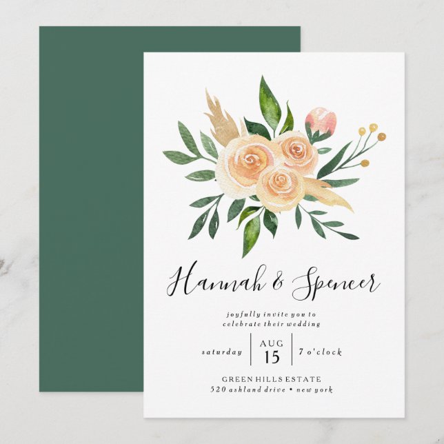 Faire-part de mariage Bouquet de roses pêche (Devant / Derrière)