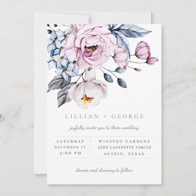 Faire-part de mariage Bouquet Floral Bleu Mauve Po (Devant)