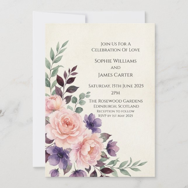 Faire-part de mariage Bouquet Rose Violet (Devant)