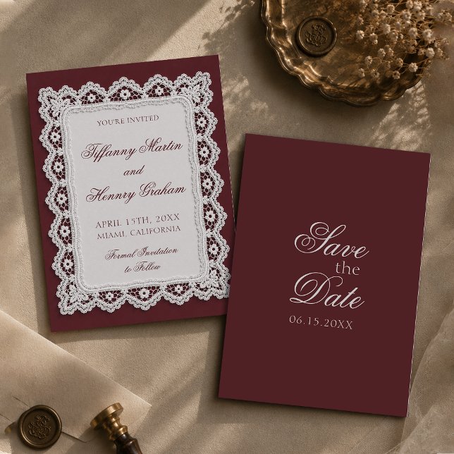 Faire-Part de Mariage Bourgogne Dentelle Argentée (Créateur téléchargé)