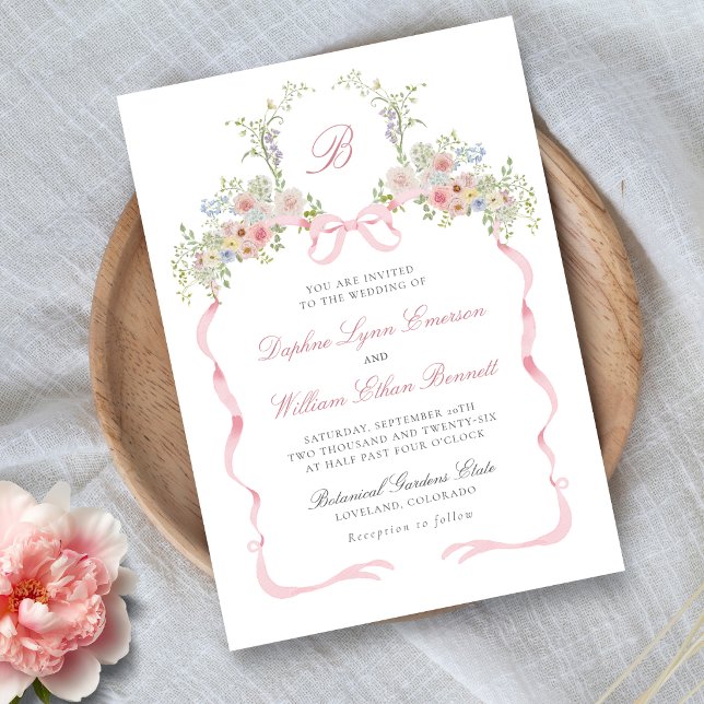 Faire-part de mariage Bows and Wildflowers (Monogrammed Bows and Wildflowers Victorian Wedding Invitation
)