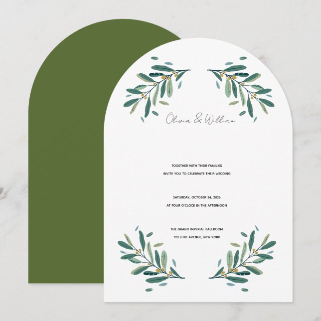 Faire-part de mariage Branche d'Olive élégant vert (Devant / Derrière)