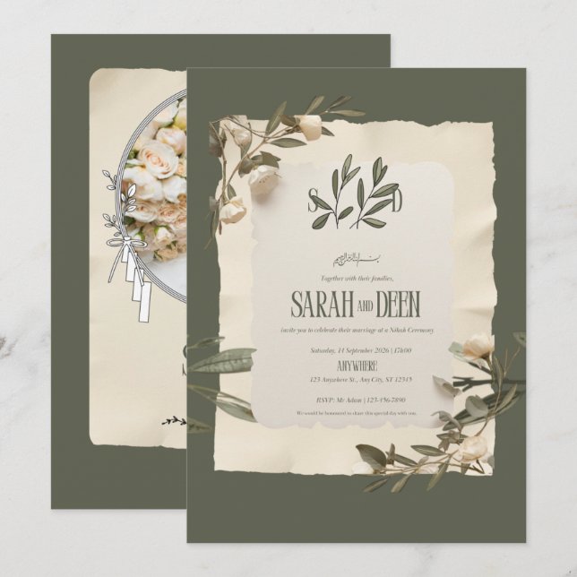Faire-part de mariage Branche d'Olivier Méditerran (Devant / Derrière)