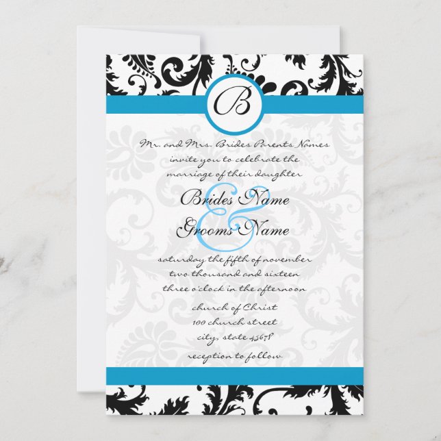 Faire-part de mariage Bright Aqua Damask Swirls 5  (Devant)