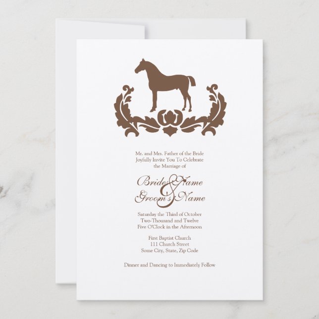 Faire-part de mariage Brown et blanc Damask Horse (Devant)