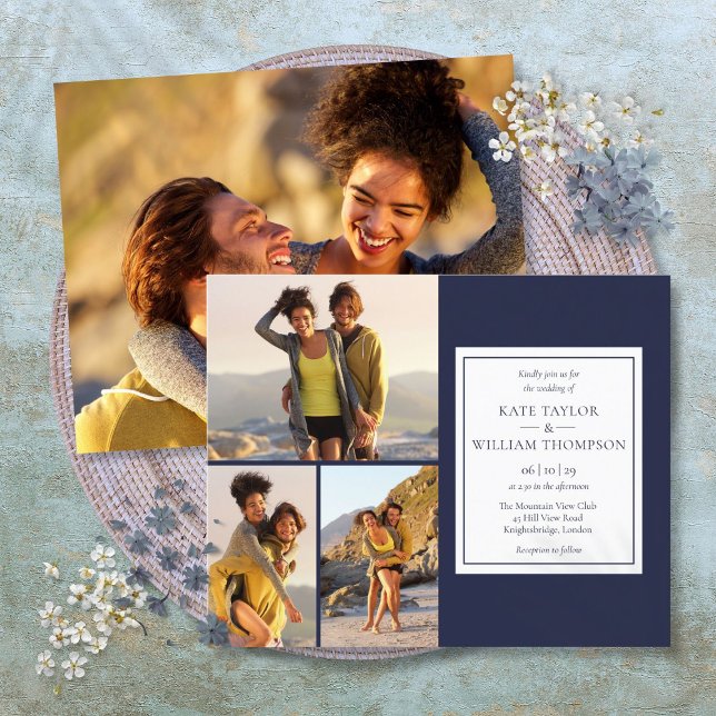 Faire-part de mariage Budget Bleu Marine 4 Photos (Budget Navy Blue 4 Photos Wedding Invitation)
