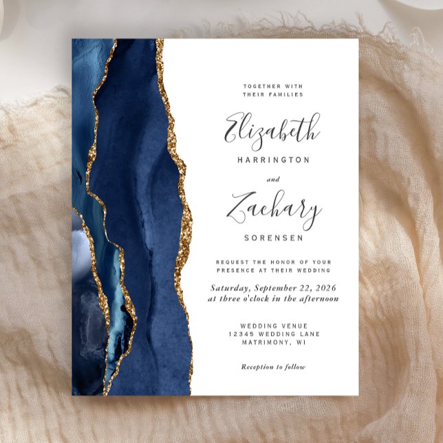 Faire-part de mariage Budget bleu marine agate or (Créateur téléchargé)