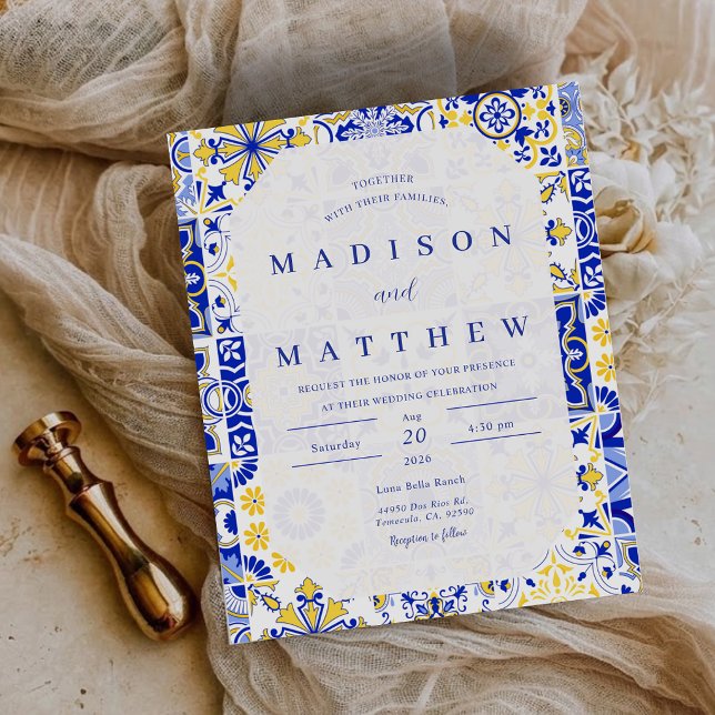Faire-part de mariage Budget Blue Mediterranean Ti (Budget Blue Mediterranean Tiles Wedding Invitation)