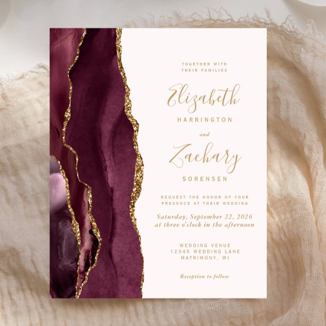 Faire-part de mariage Budget Burgundy Gold Agate B (Créateur téléchargé)