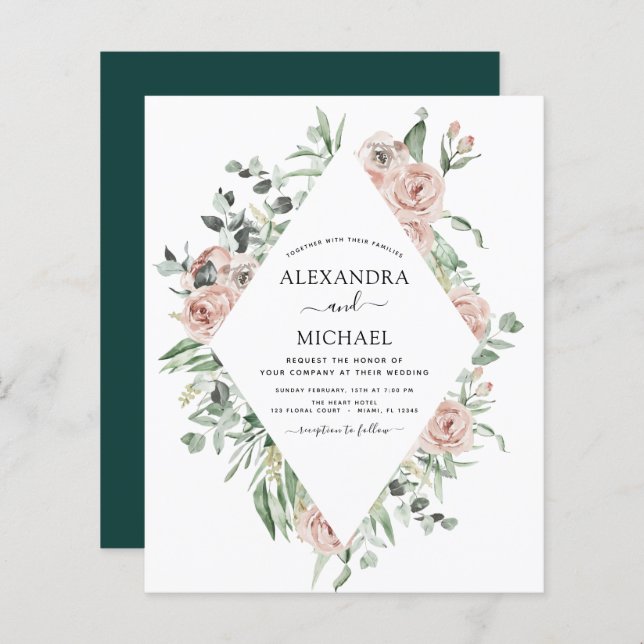 Faire-part de mariage Budget Émeraude Vert Eucalyp (Devant / Derrière)