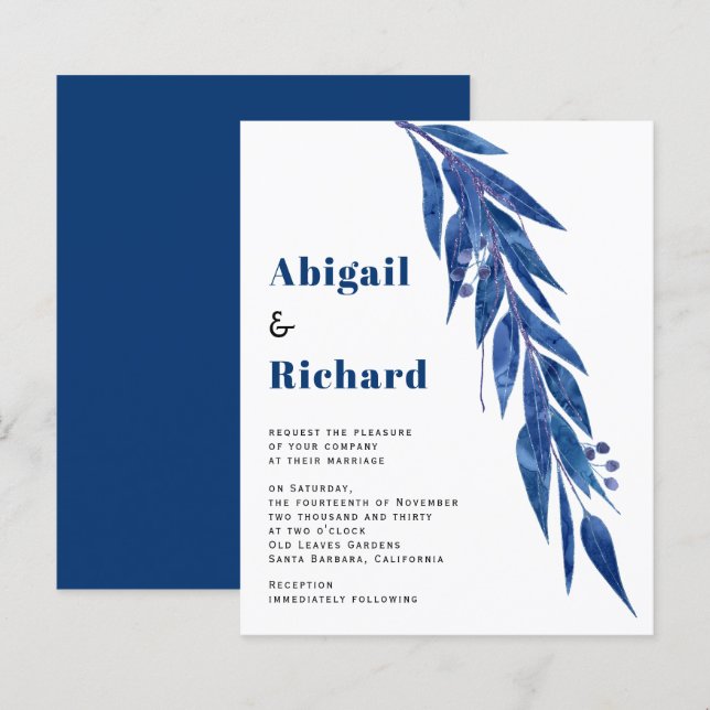 FAIRE-PART DE MARIAGE BUDGET eucalyptus bleu (Devant / Derrière)