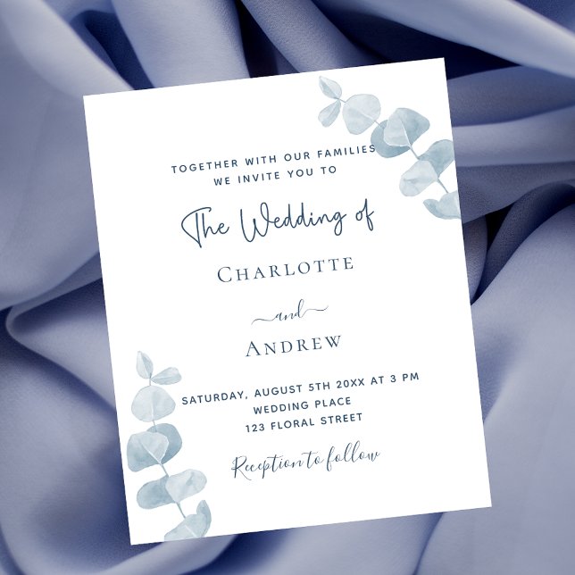Faire-part de mariage budget eucalyptus bleu blanc (Créateur téléchargé)