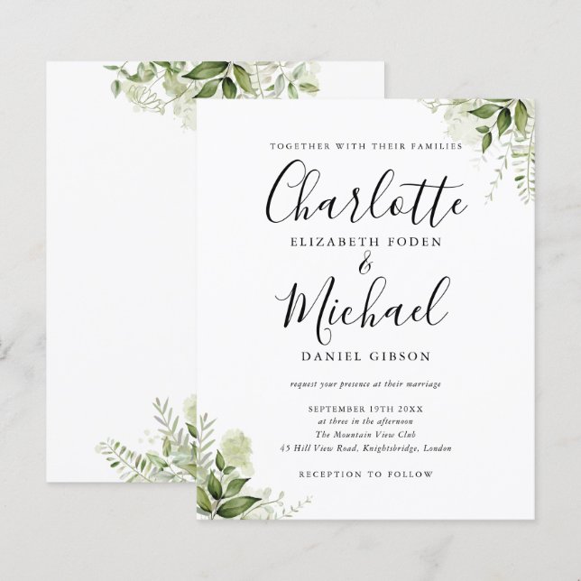 Faire-Part de Mariage Budget Feuillage Vert (Devant / Derrière)