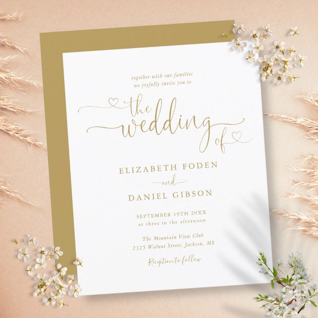 Faire-part de mariage Budget Gold Hearts Script (Budget Gold Hearts Script Wedding Invitation)