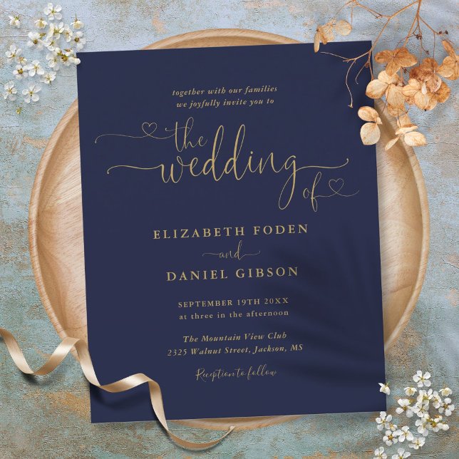Faire-part de mariage Budget Navy And Gold Hearts  (Budget Navy And Gold Hearts Script Wedding Invite)