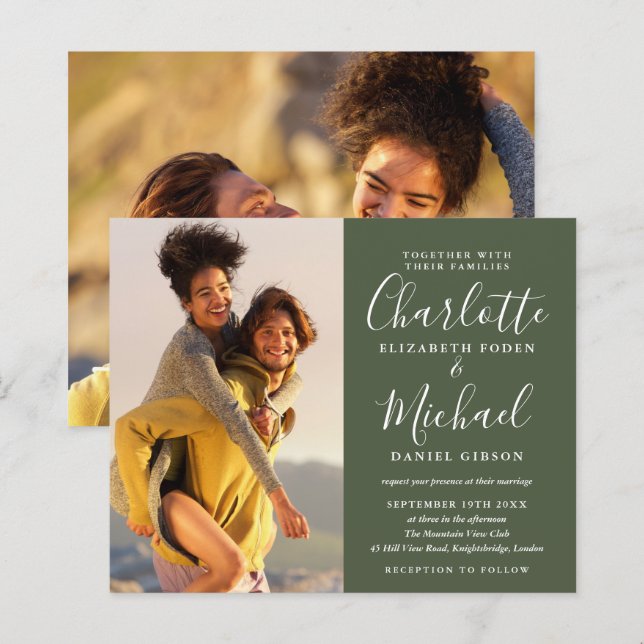 Faire-part de mariage Budget Olive Script Photos (Devant / Derrière)