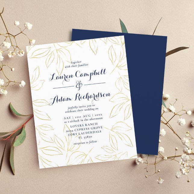 Faire-part de mariage Budget Or et Feuillage Navy (Créateur téléchargé)
