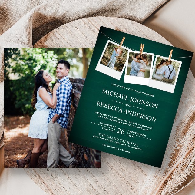 Faire-part de mariage budget photo bois vert rusti (Créateur téléchargé)