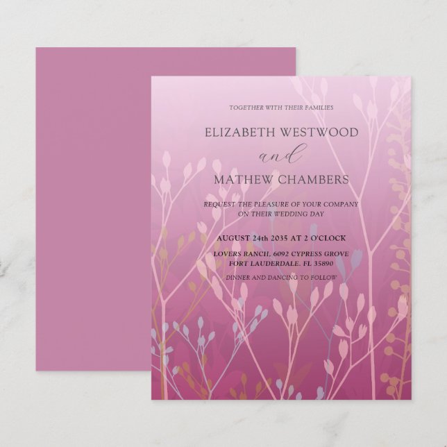 Faire-part de mariage Budget Rose Herbes & Feuilla (Devant / Derrière)