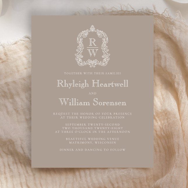 Faire-part de mariage Budget Taupe Monogram Crest (Créateur téléchargé)