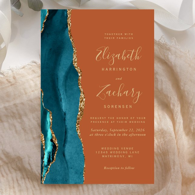 Faire-part de mariage Budget Teal Gold Agate Orang (Créateur téléchargé)