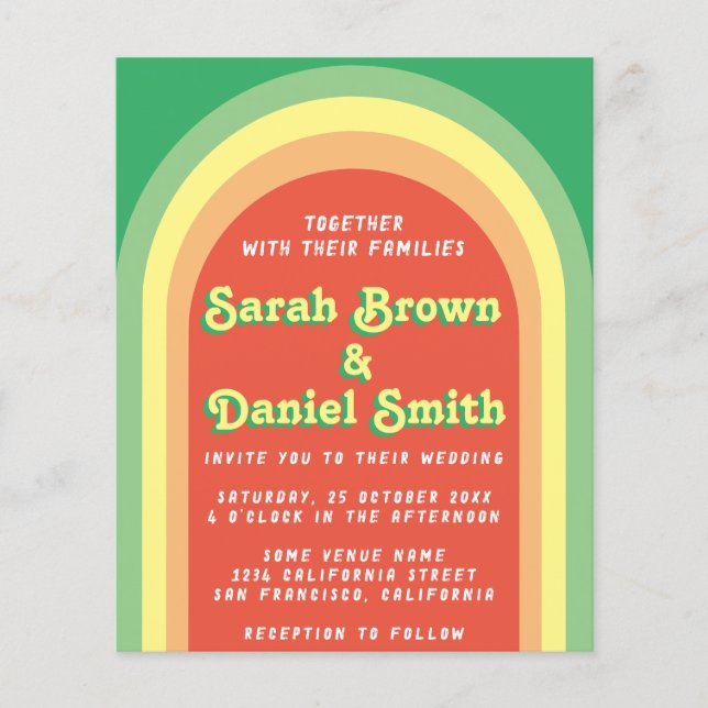 Faire-part de mariage budget vert Retro Funky Arch (Devant)