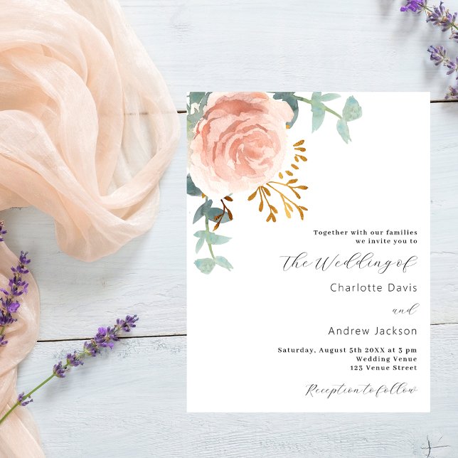 faire-part de mariage budgétaire floraux d'or rose (Créateur téléchargé)