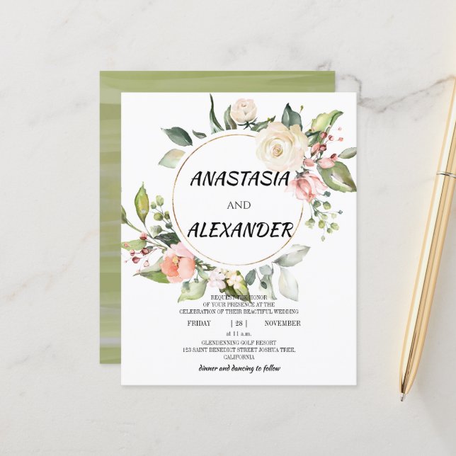 Faire-part de mariage budgétaire. Invitation (Devant/Arrière en situation)