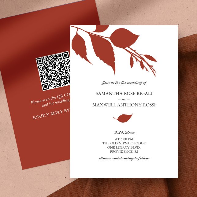 Faire-part de mariage budgétaire moderne avec code (QR code wedding invitation botanical orange leaves minimalistic)