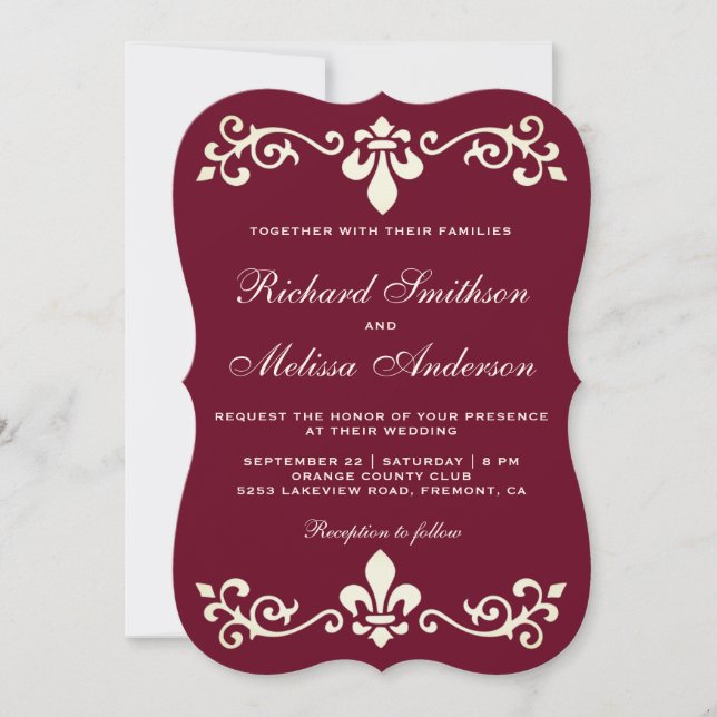 Faire-part de mariage Burgundy Fleur De Lis Flouri (Devant)