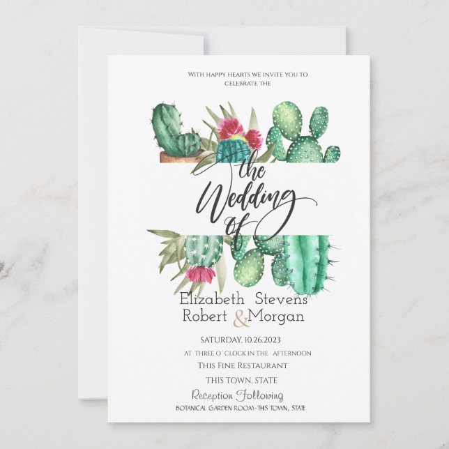 Faire-part de mariage cactus aquarelle fantaisiste (Devant)