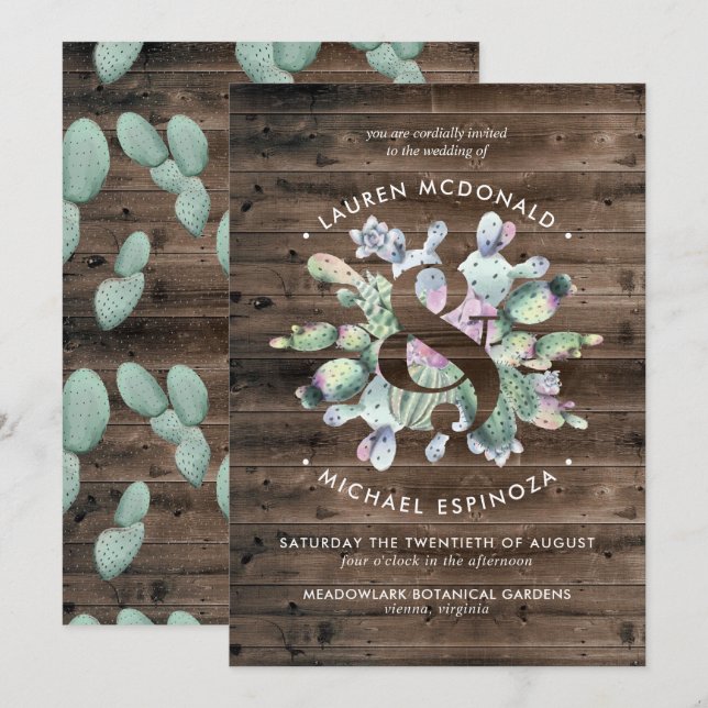 Faire-part de mariage Cactus rustique et bois de g (Devant / Derrière)